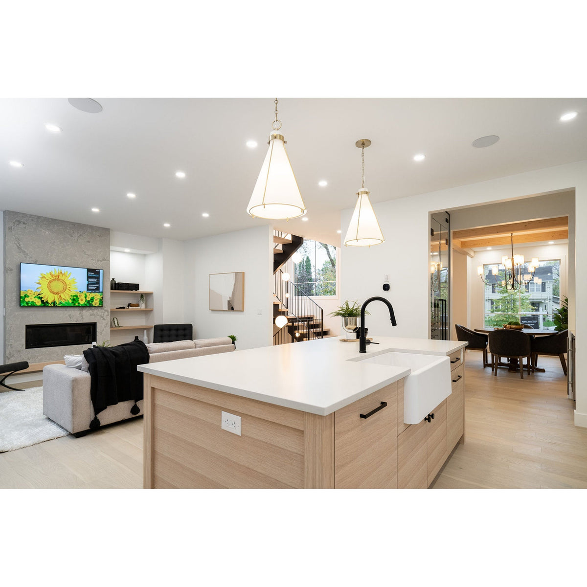 Harlem Chandelier - Bold Swooping Brass Arms & Tailored Belgian Linen Drum Shades