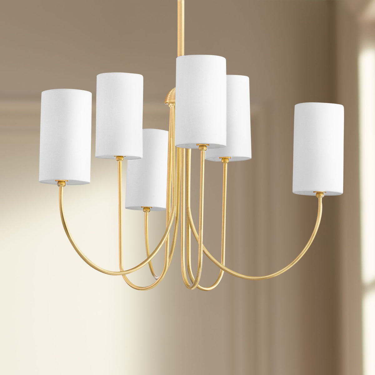 Harlem Chandelier - Bold Swooping Brass Arms & Tailored Belgian Linen Drum Shades