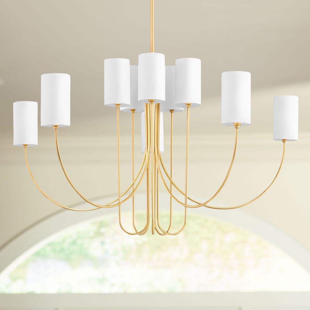 Harlem Chandelier - Bold Swooping Brass Arms & Tailored Belgian Linen Drum Shades