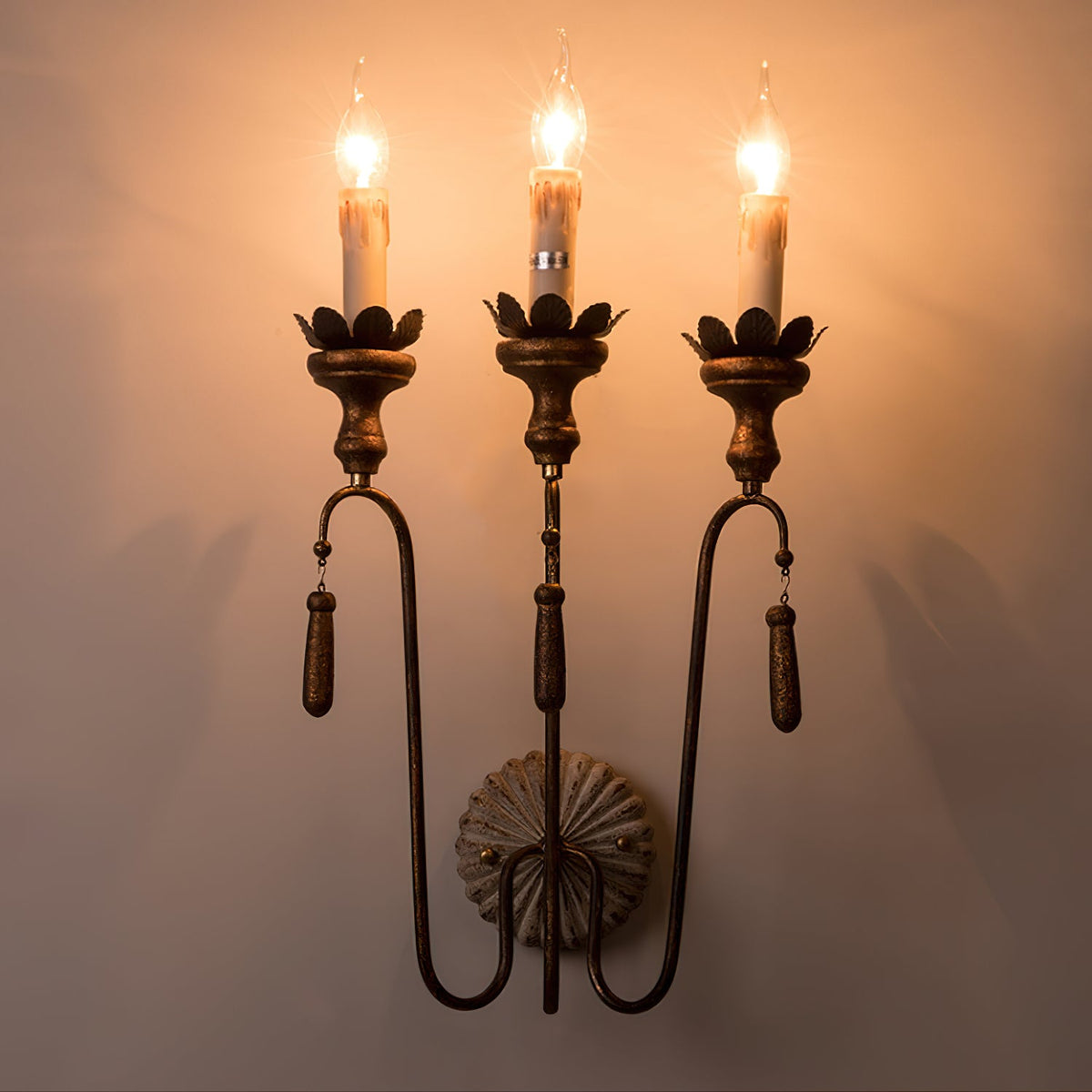 Olivia Wall Lamp - French Country Distressed Wood & Vintage Gold Sconce