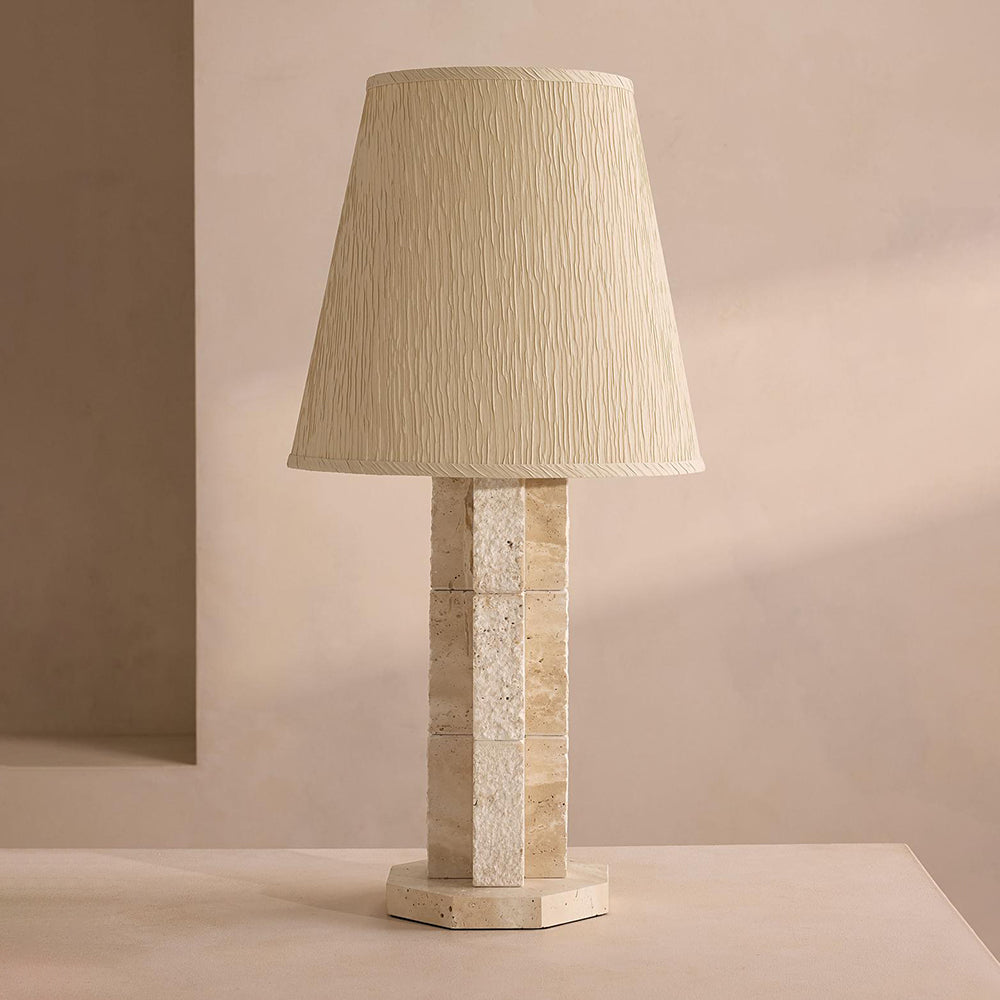 Hawksworth Table Lamp - Octagonal Travertine Stone Lamp with Paper Shade