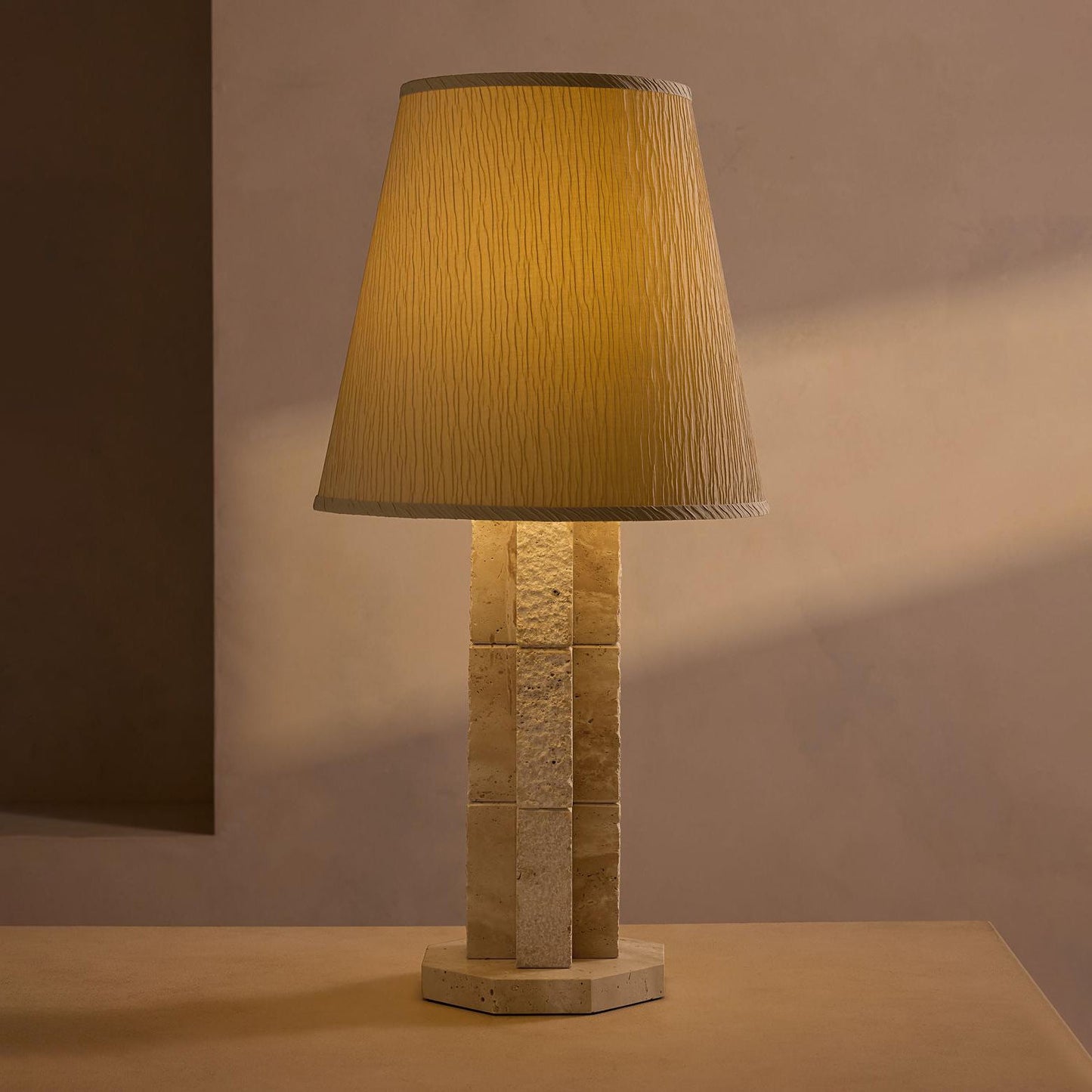 Hawksworth Table Lamp - Octagonal Travertine Stone Lamp with Paper Shade