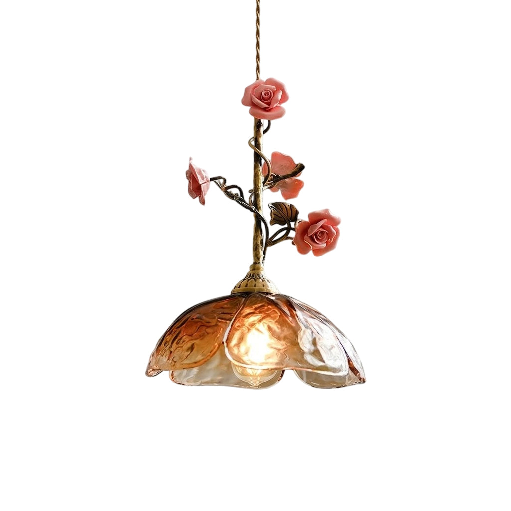 Heirloom Glass Rose Pendant Lamp - Antique Brass & Porcelain Floral Sconce