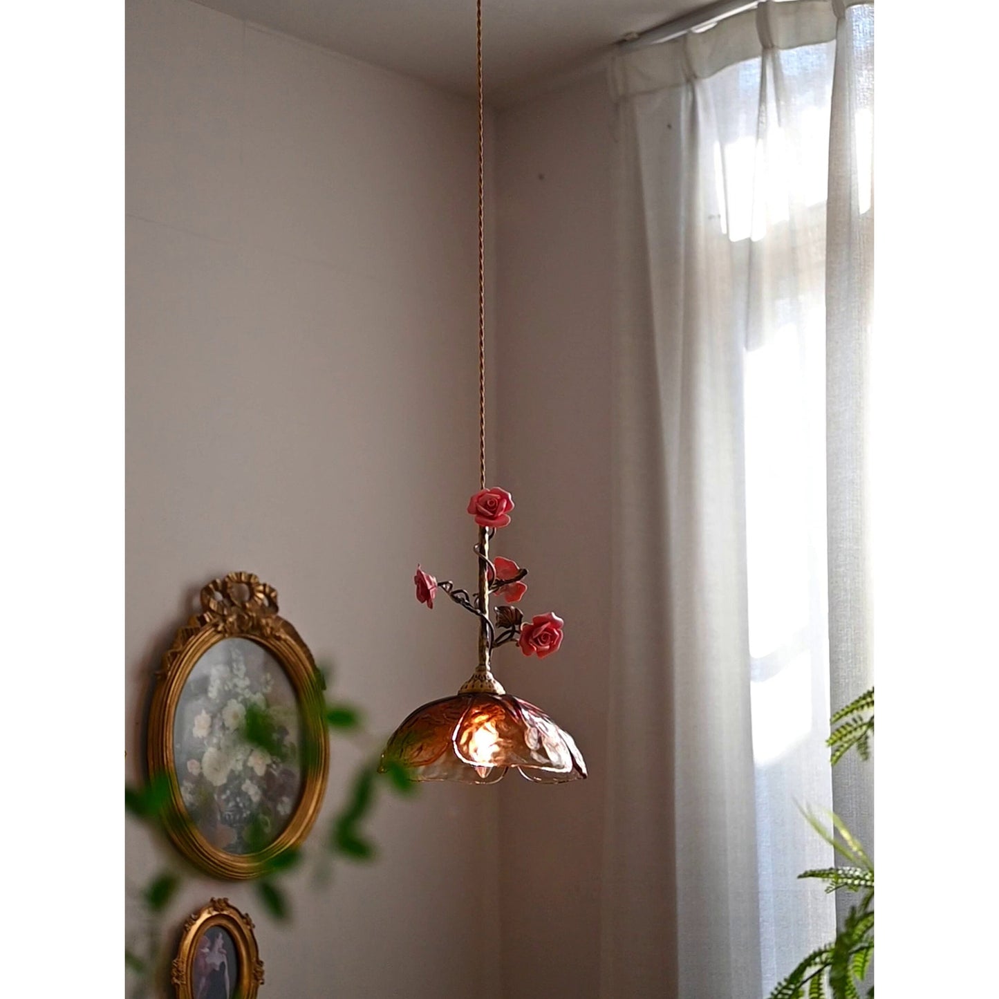 Heirloom Glass Rose Pendant Lamp - Antique Brass & Porcelain Floral Sconce