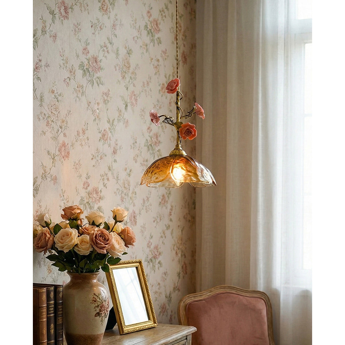 Heirloom Glass Rose Pendant Lamp - Antique Brass & Porcelain Floral Sconce
