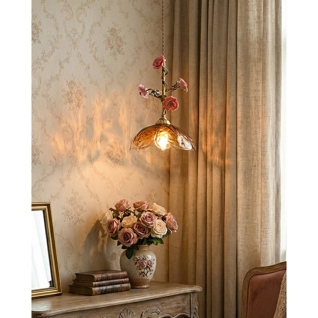 Heirloom Glass Rose Pendant Lamp - Antique Brass & Porcelain Floral Sconce