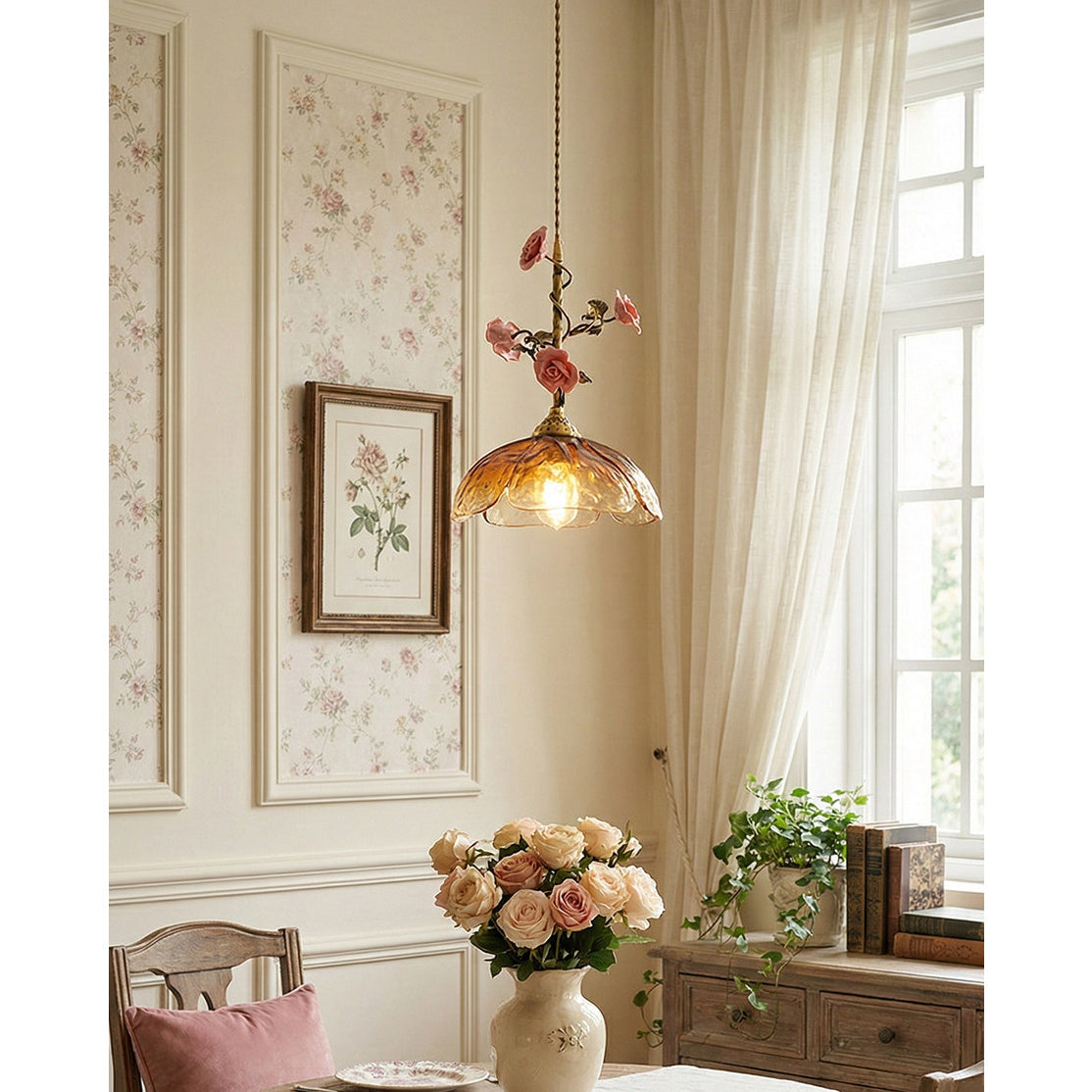 Heirloom Glass Rose Pendant Lamp - Antique Brass & Porcelain Floral Sconce
