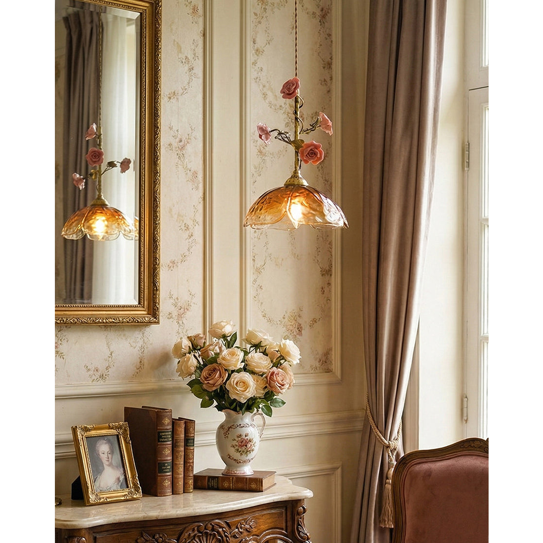 Heirloom Glass Rose Pendant Lamp - Antique Brass & Porcelain Floral Sconce