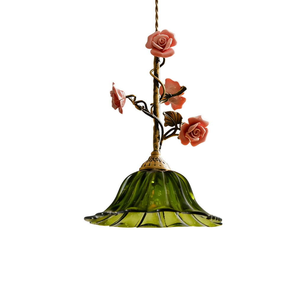 Heirloom Glass Rose Pendant Lamp - Antique Brass & Porcelain Floral Sconce