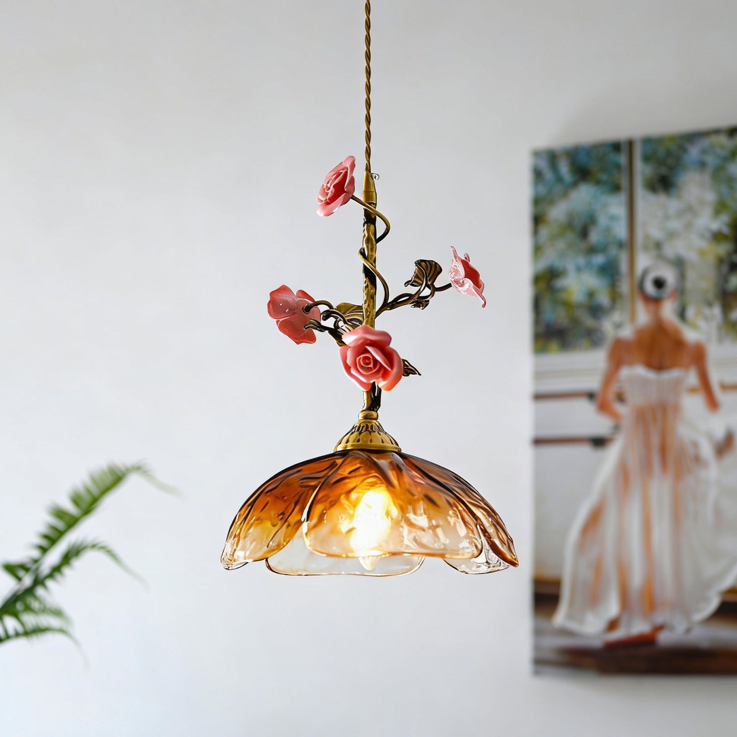 Heirloom Glass Rose Pendant Lamp - Antique Brass & Porcelain Floral Sconce
