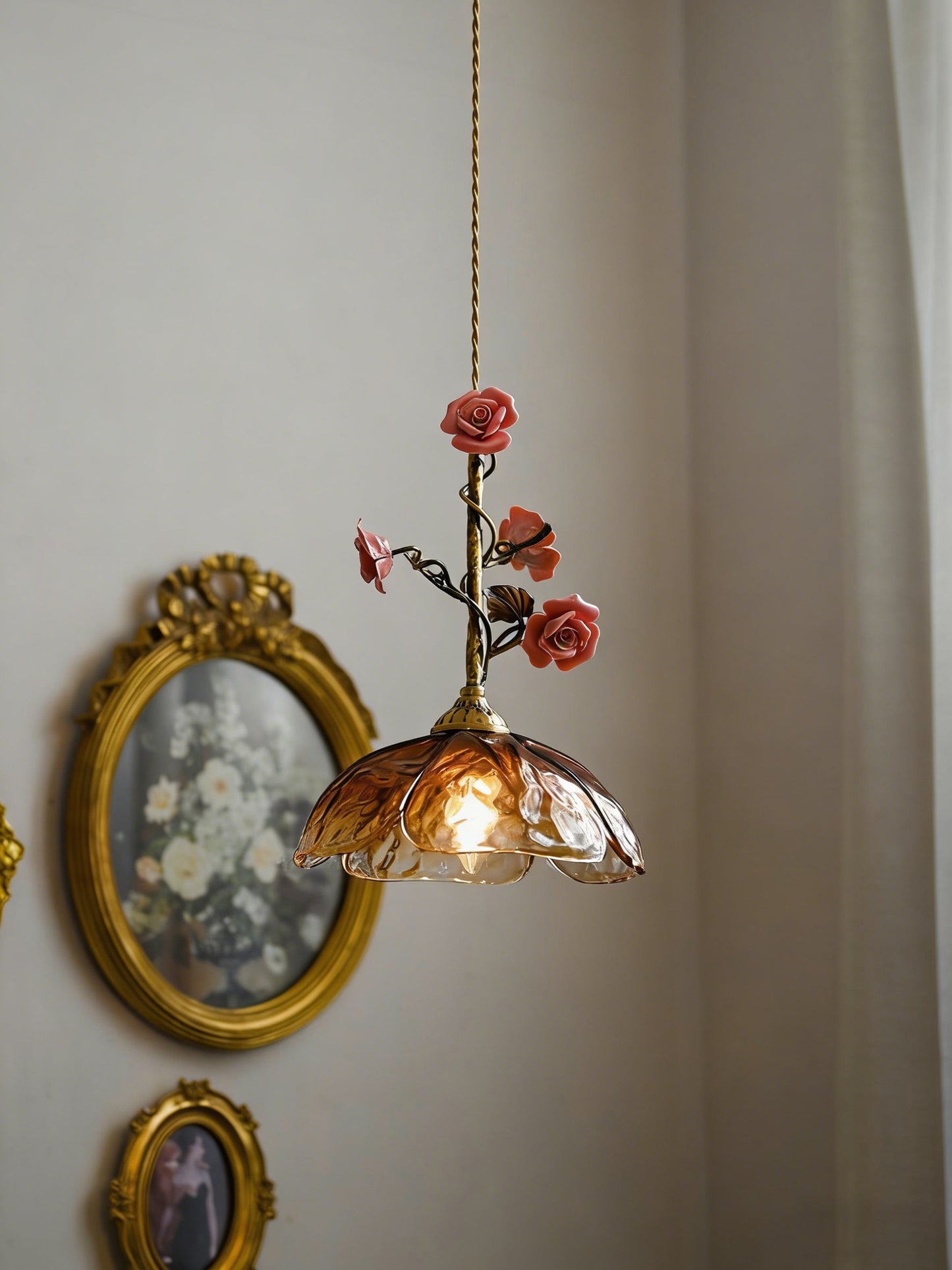 Heirloom Glass Rose Pendant Lamp - Antique Brass & Porcelain Floral Sconce
