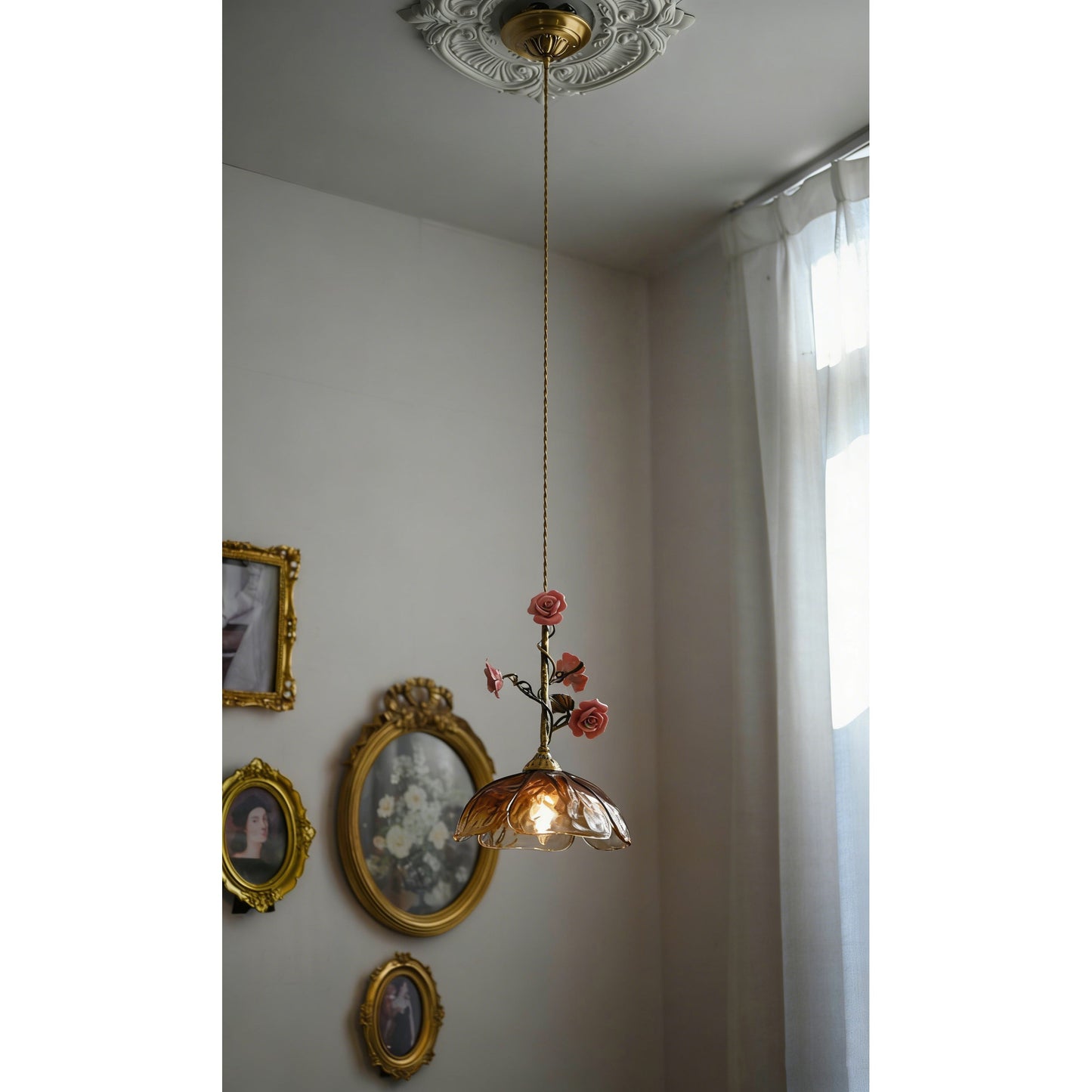 Heirloom Glass Rose Pendant Lamp - Antique Brass & Porcelain Floral Sconce