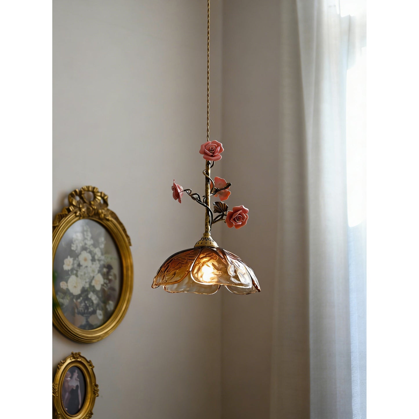 Heirloom Glass Rose Pendant Lamp - Antique Brass & Porcelain Floral Sconce
