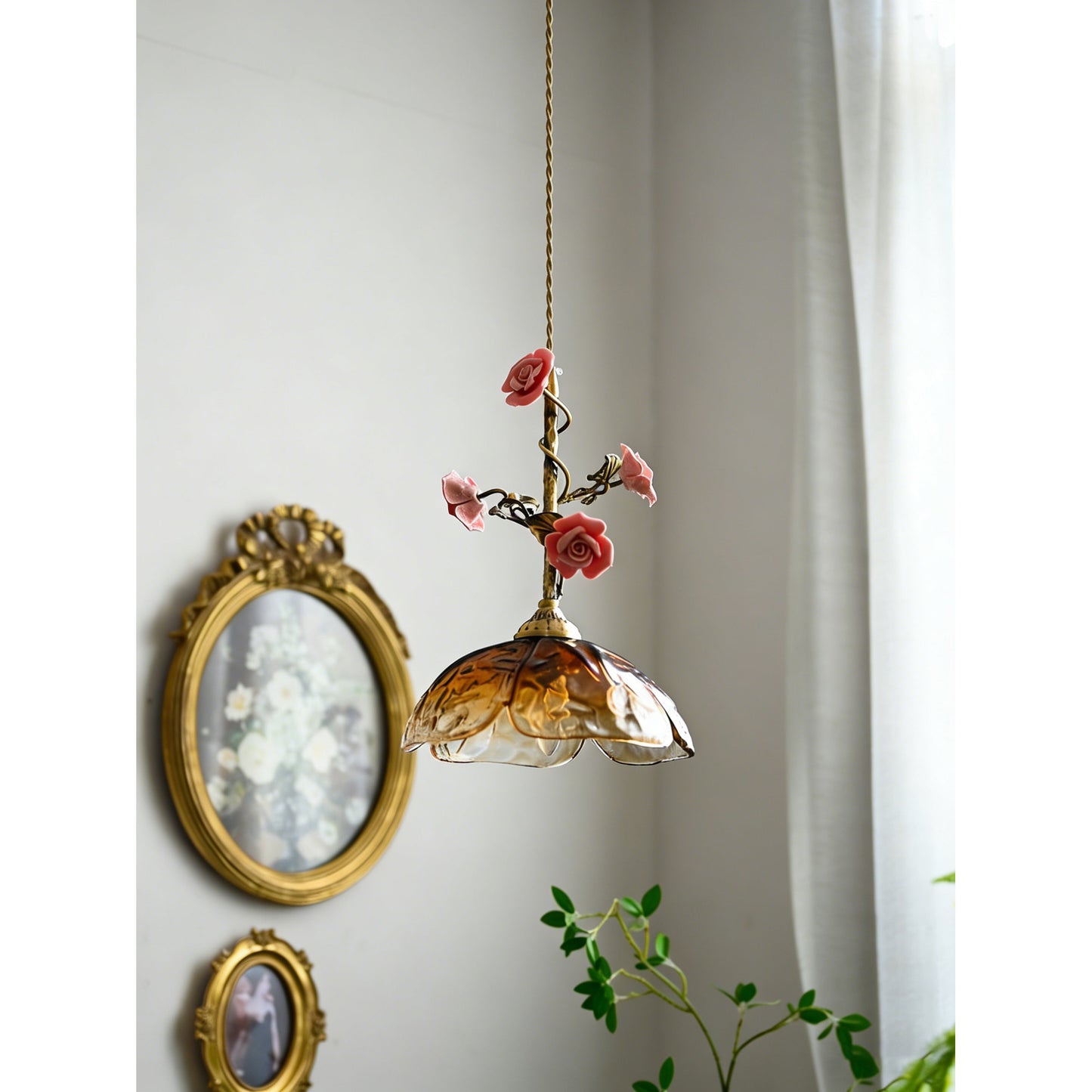 Heirloom Glass Rose Pendant Lamp - Antique Brass & Porcelain Floral Sconce