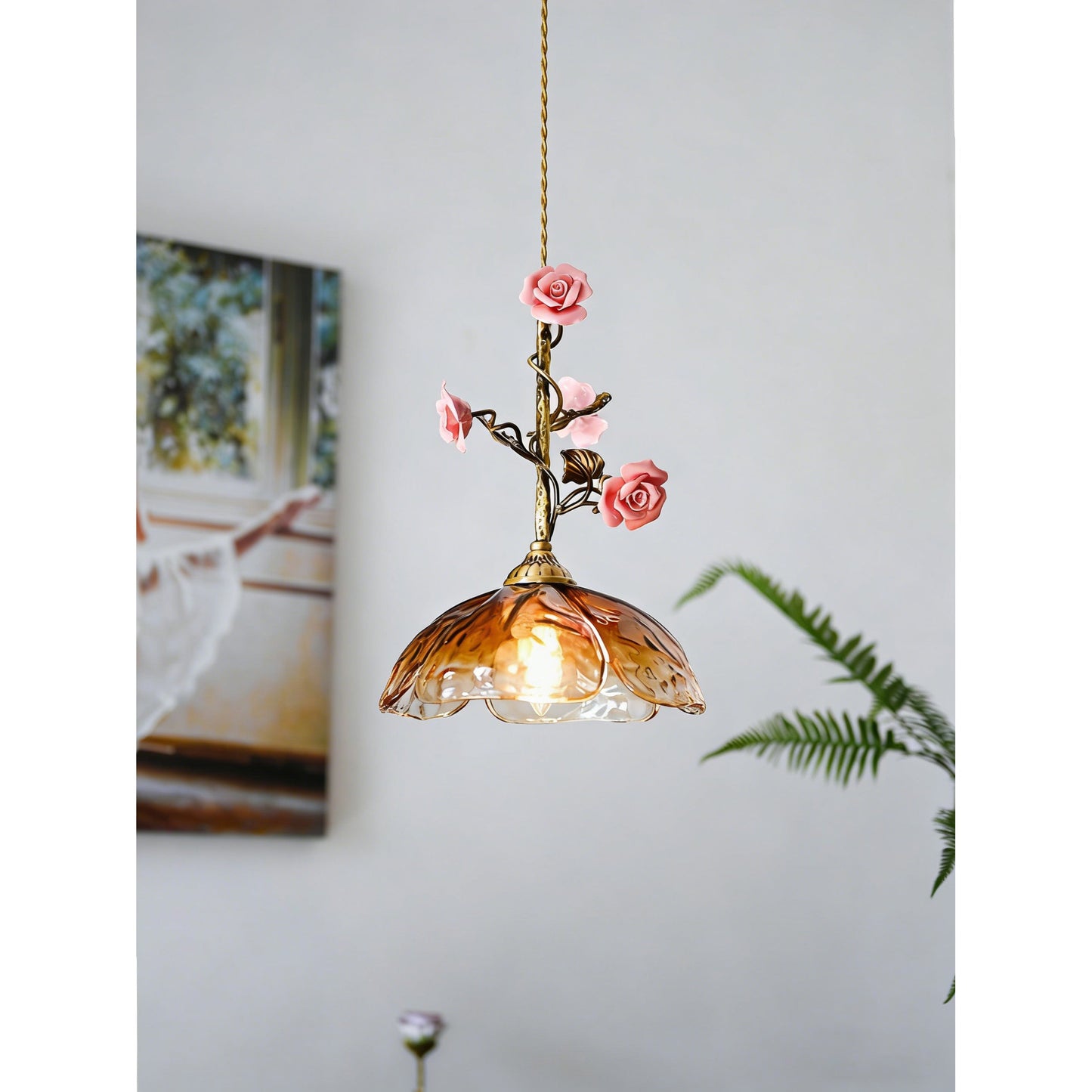 Heirloom Glass Rose Pendant Lamp - Antique Brass & Porcelain Floral Sconce