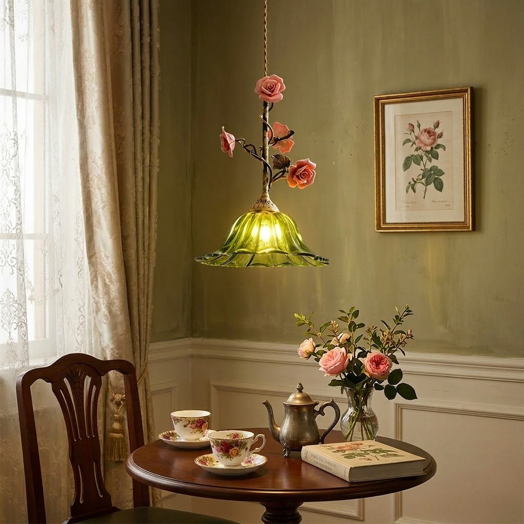 Heirloom Glass Rose Pendant Lamp - Antique Brass & Porcelain Floral Sconce
