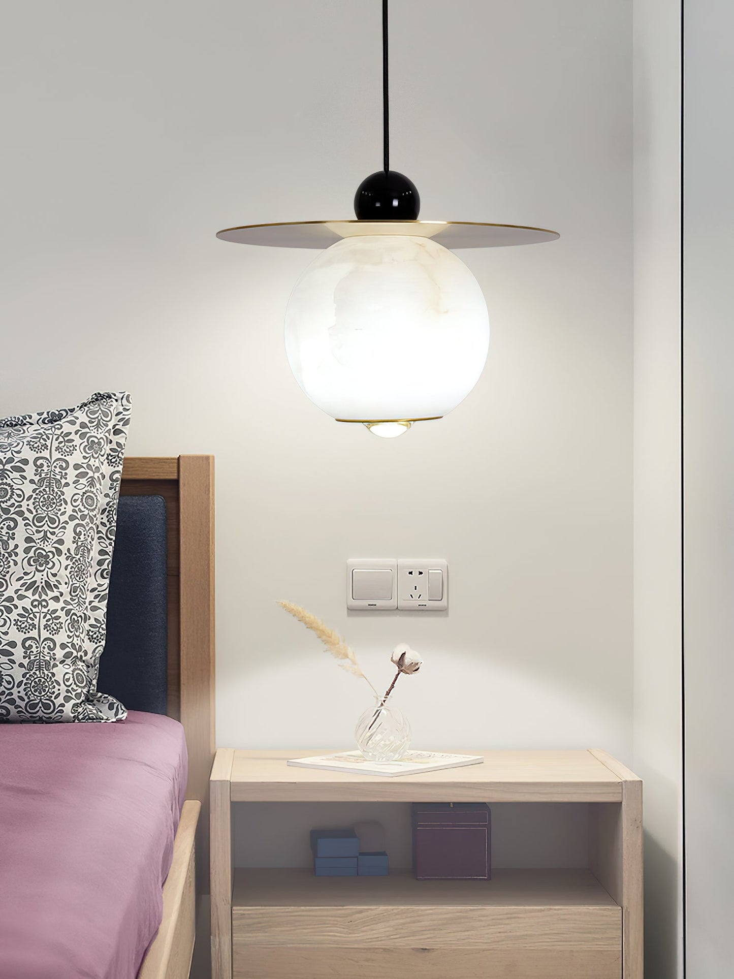 Helios Cord Alabaster Pendant Light - Modern Brass & Natural Stone LED Down-Light