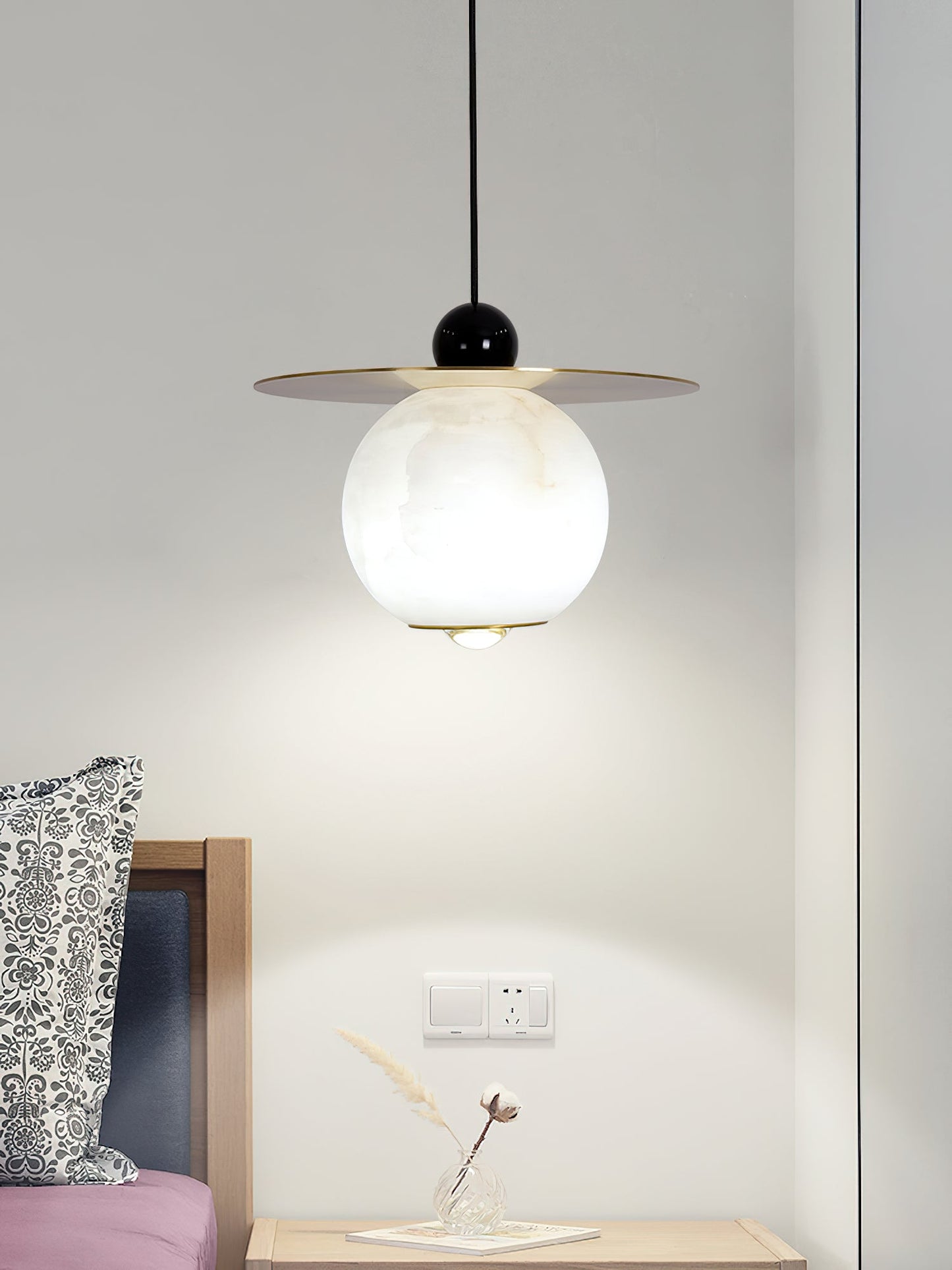 Helios Cord Alabaster Pendant Light - Modern Brass & Natural Stone LED Down-Light
