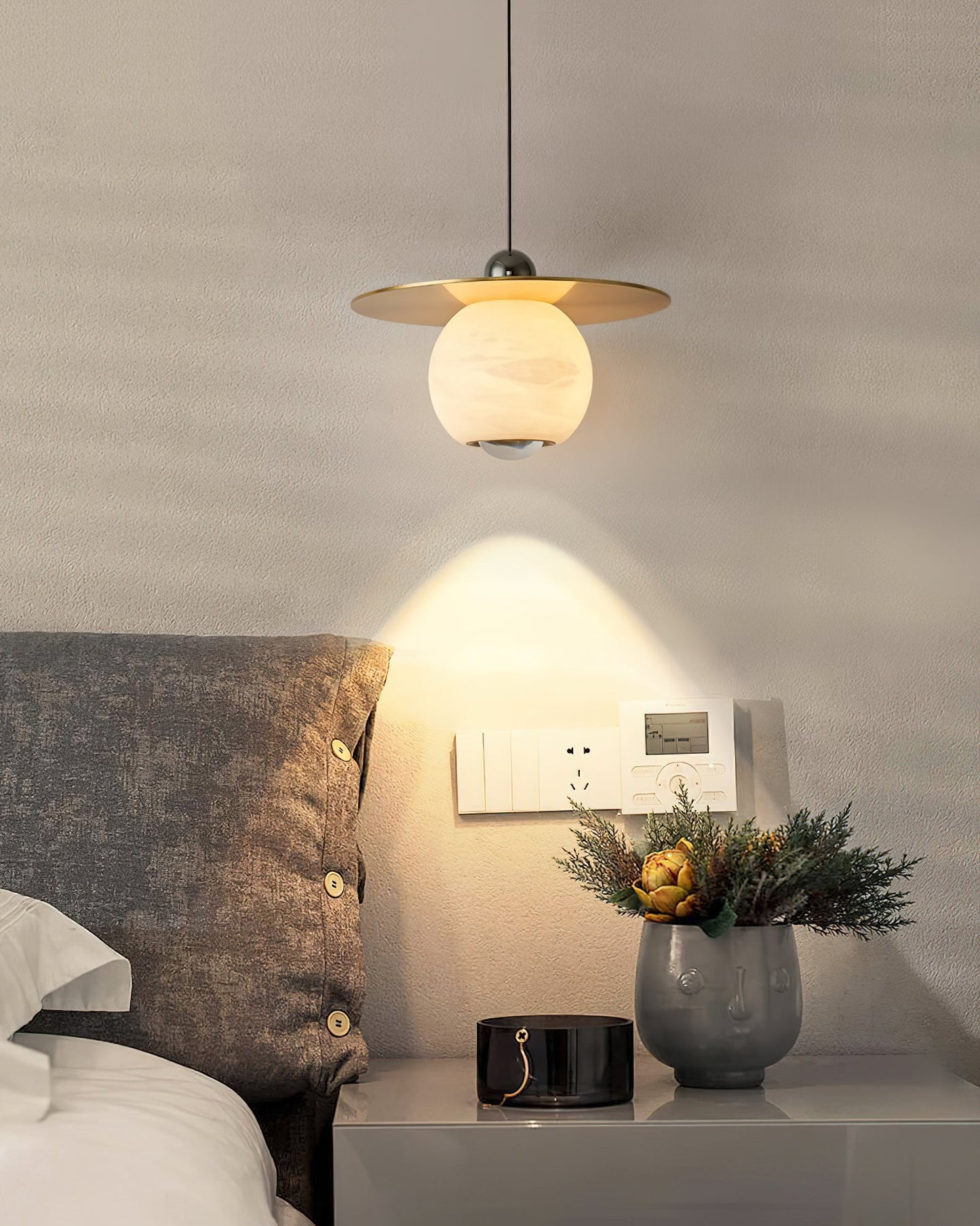 Helios Cord Alabaster Pendant Light - Modern Brass & Natural Stone LED Down-Light