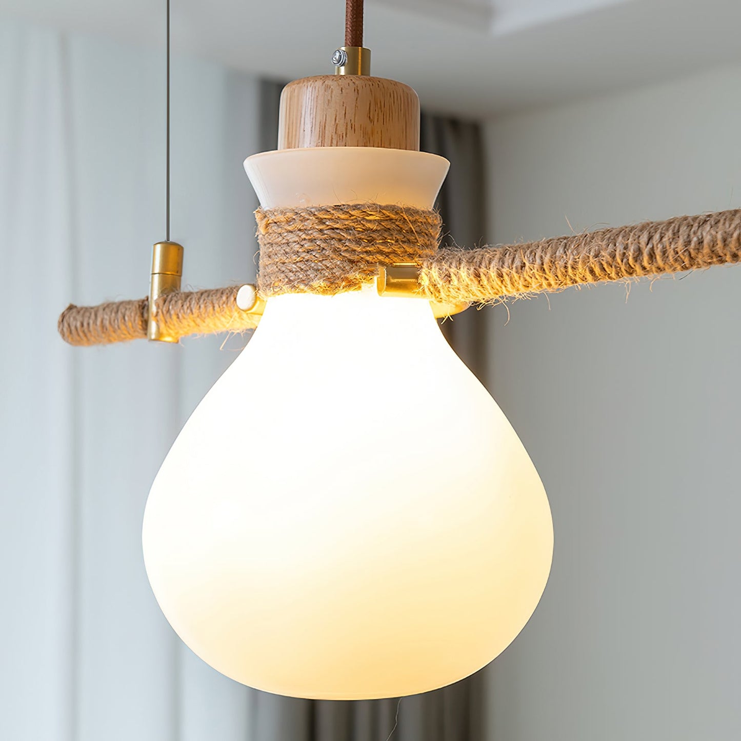 Hemp Rope Glass Pendant Lamp - Japanese Wabi-Sabi Wood & Glass Island Light