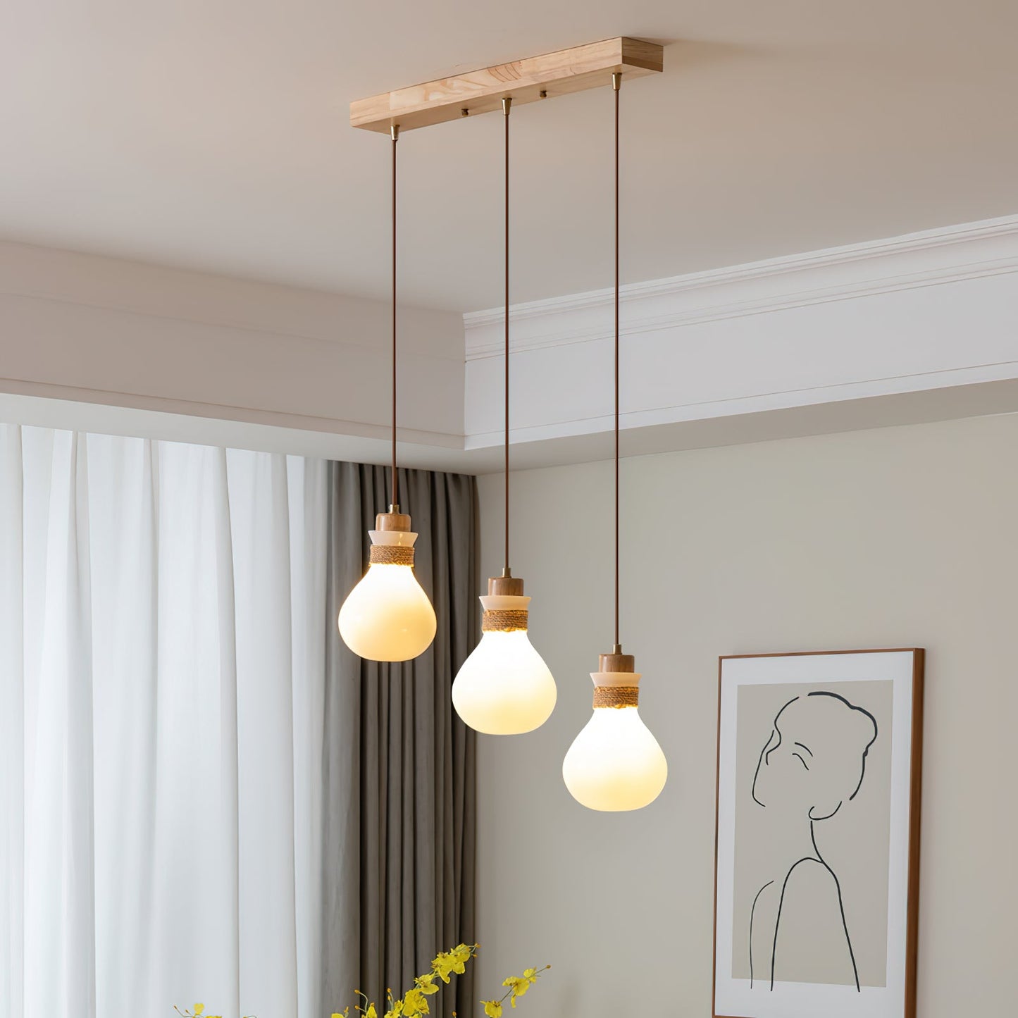 Hemp Rope Glass Pendant Lamp - Japanese Wabi-Sabi Wood & Glass Island Light