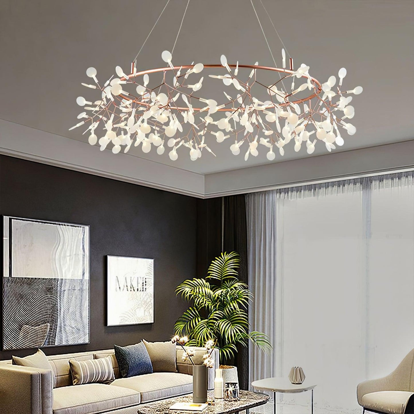 Heracleum Round Chandelier - Modern Botanical LED Chandelier | Rose Gold & Black
