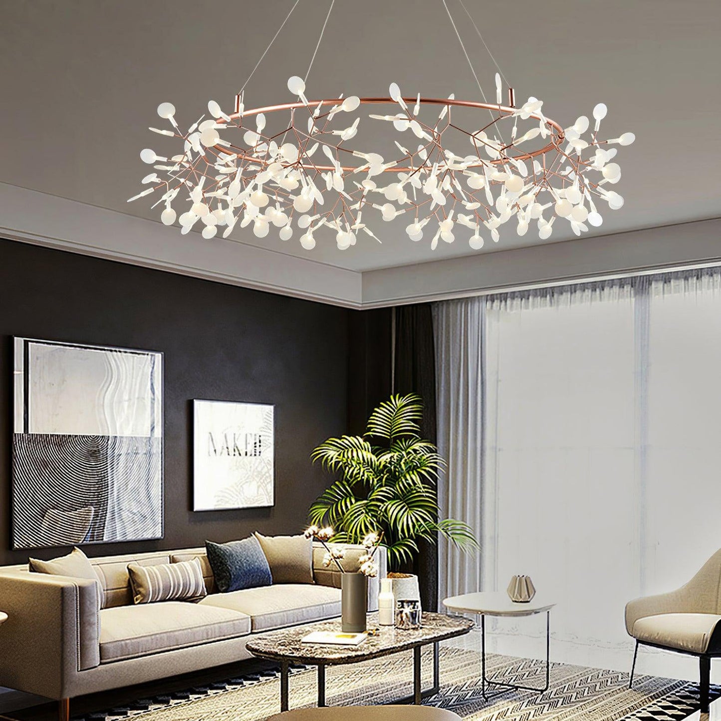 Heracleum Round Chandelier - Modern Botanical LED Chandelier | Rose Gold & Black