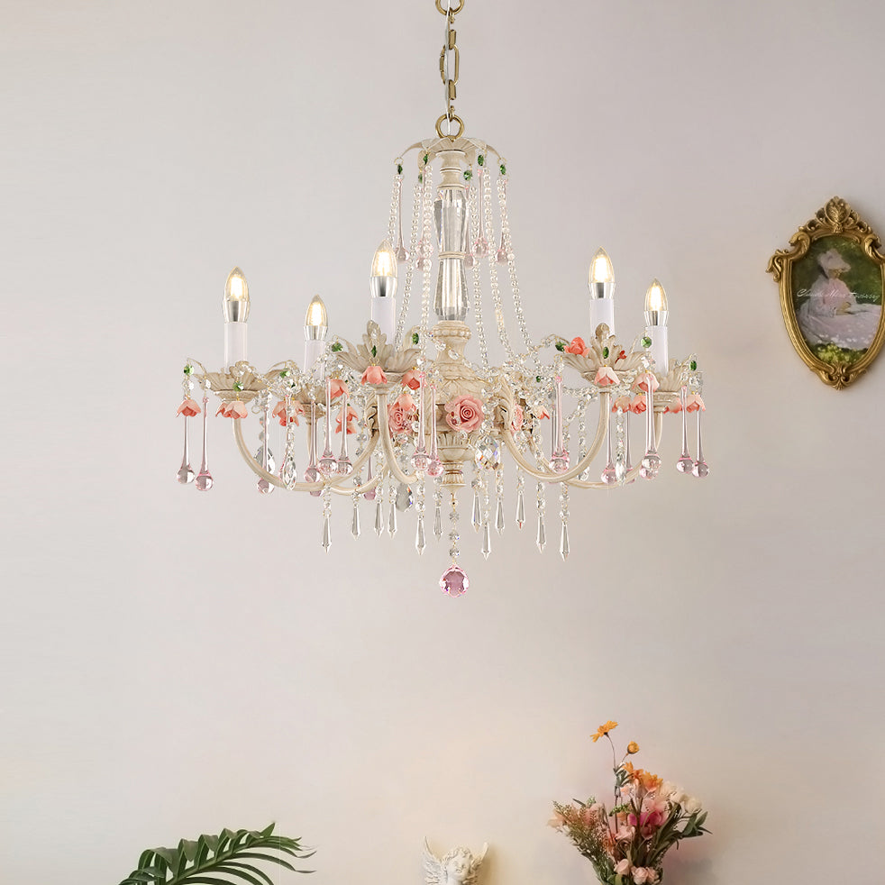 Heritage Rose Chandelier - Hand-Worked Ceramic Floral & Crystal Chandelier