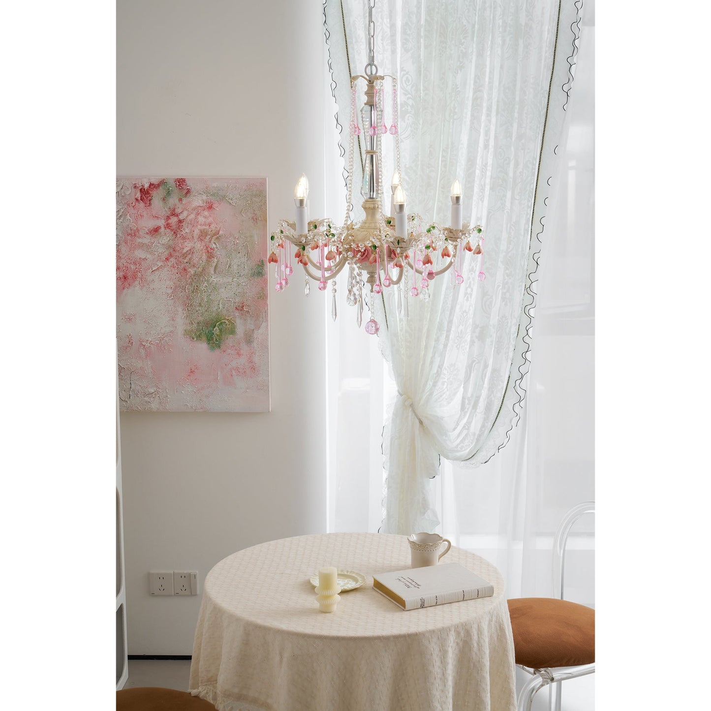 Heritage Rose Chandelier - Hand-Worked Ceramic Floral & Crystal Chandelier