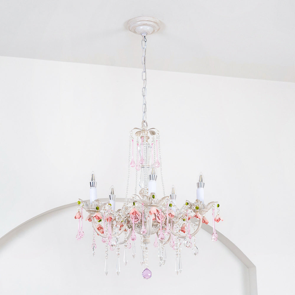 Heritage Rose Chandelier - Hand-Worked Ceramic Floral & Crystal Chandelier