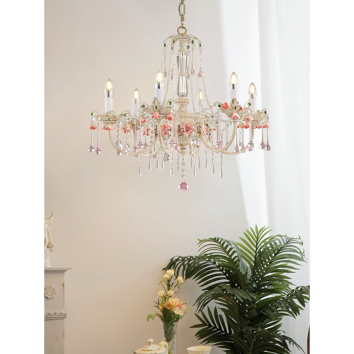 Heritage Rose Chandelier - Hand-Worked Ceramic Floral & Crystal Chandelier