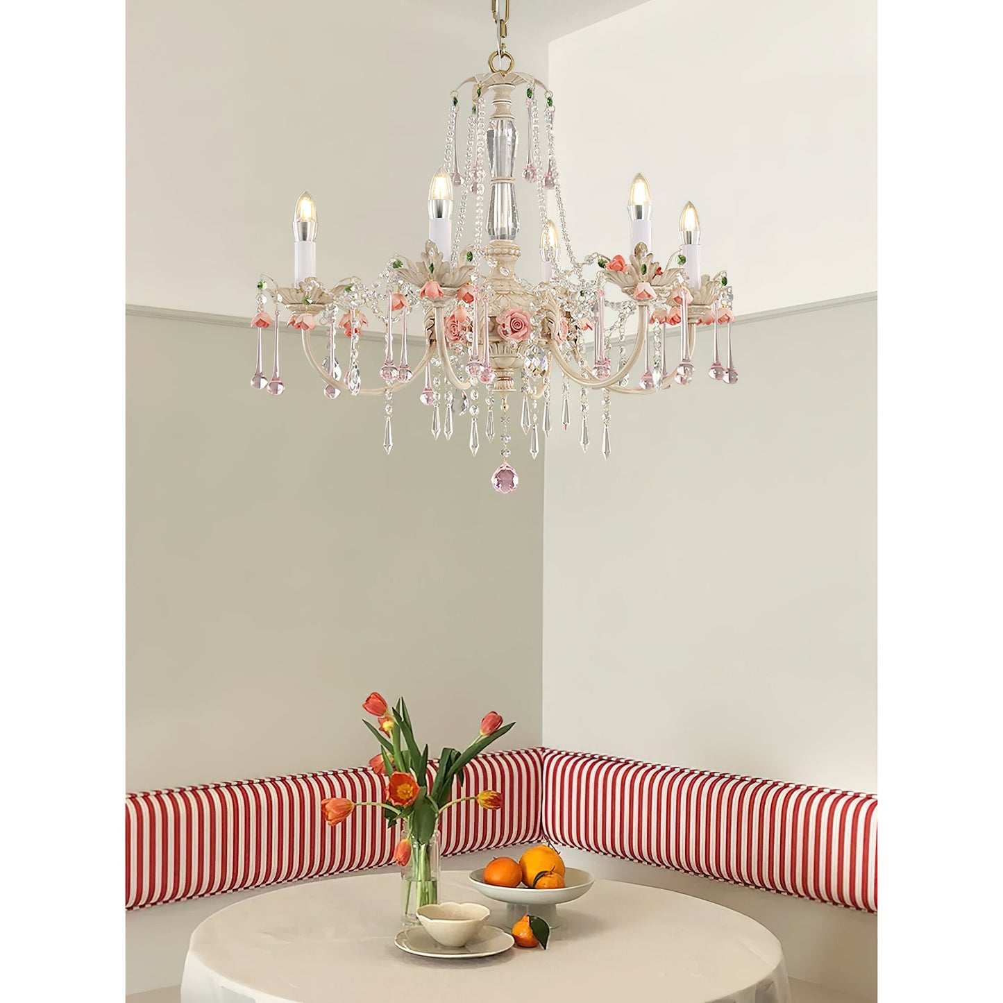 Heritage Rose Chandelier - Hand-Worked Ceramic Floral & Crystal Chandelier