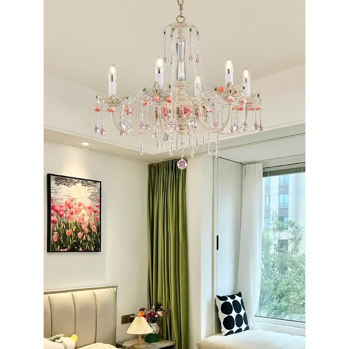 Heritage Rose Chandelier - Hand-Worked Ceramic Floral & Crystal Chandelier