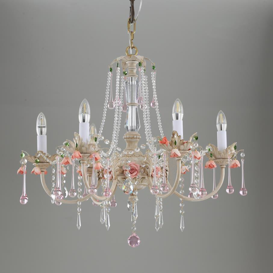 Heritage Rose Chandelier - Hand-Worked Ceramic Floral & Crystal Chandelier