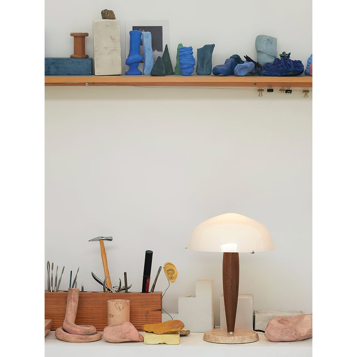 Herman Table Lamp - Modern Walnut Wood & Marble Desk Light with Glass Shade