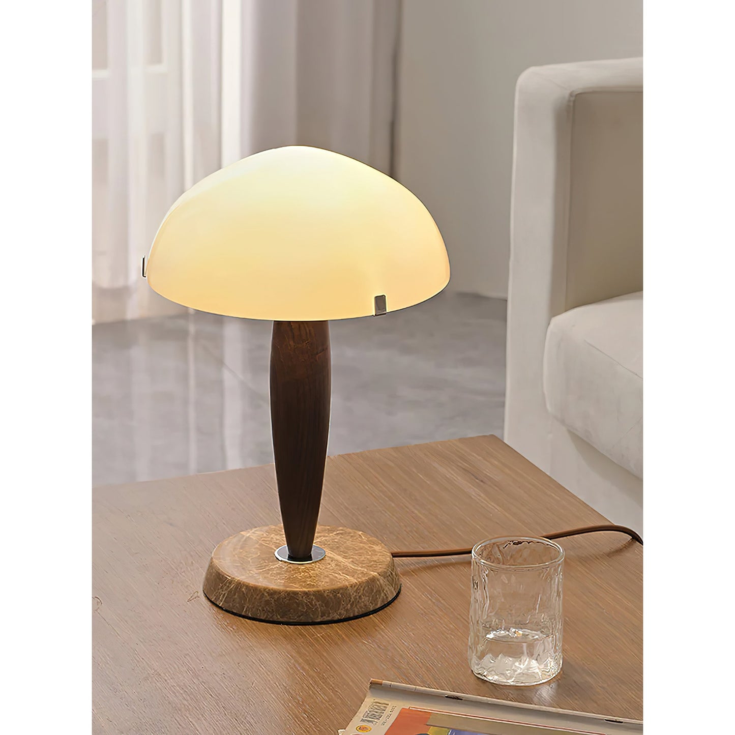 Herman Table Lamp - Modern Walnut Wood & Marble Desk Light with Glass Shade