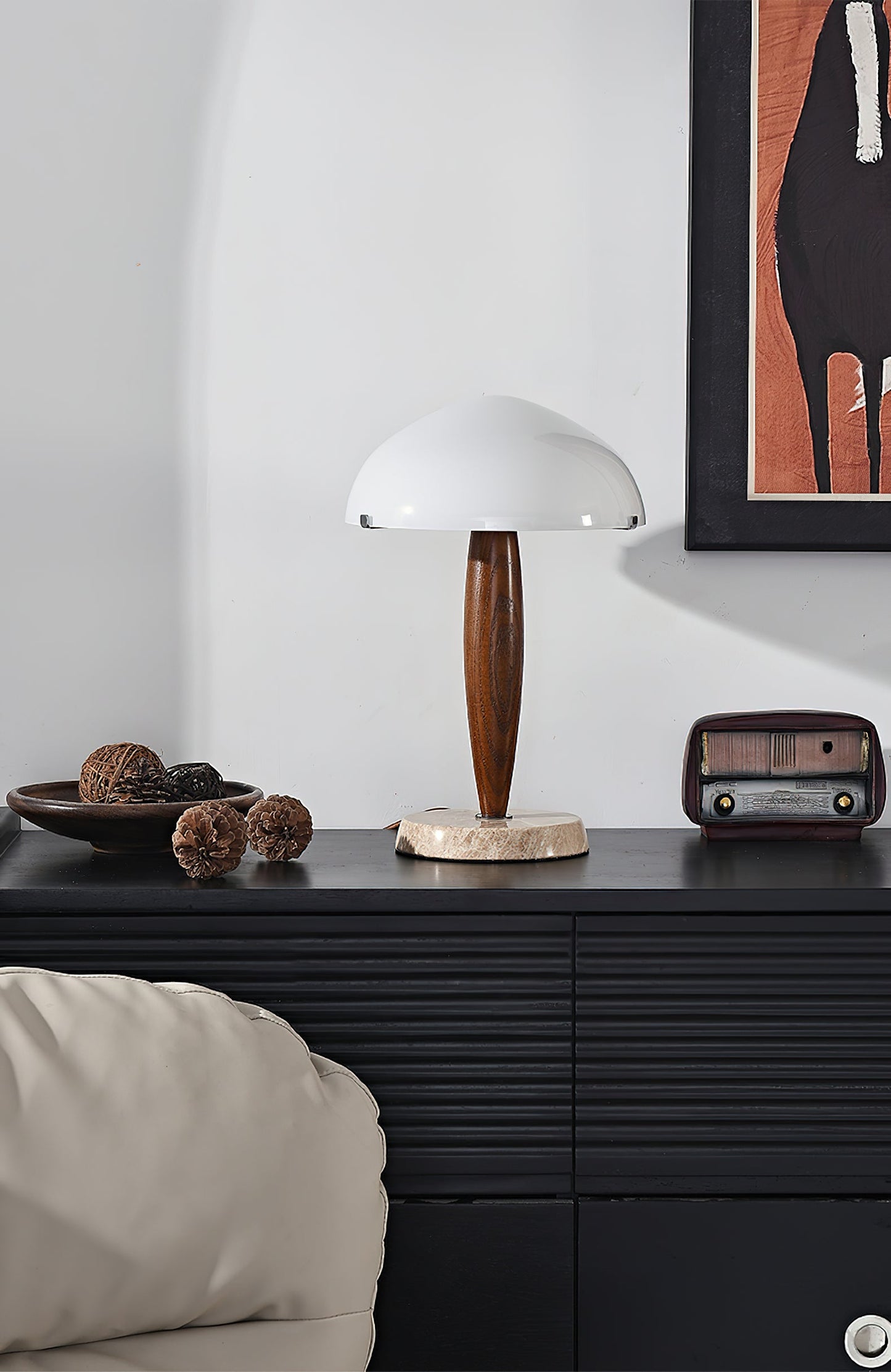 Herman Table Lamp - Modern Walnut Wood & Marble Desk Light with Glass Shade