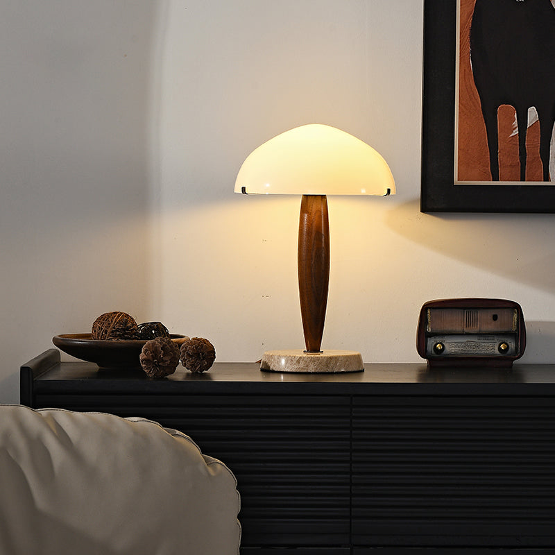 Herman Table Lamp - Modern Walnut Wood & Marble Desk Light with Glass Shade