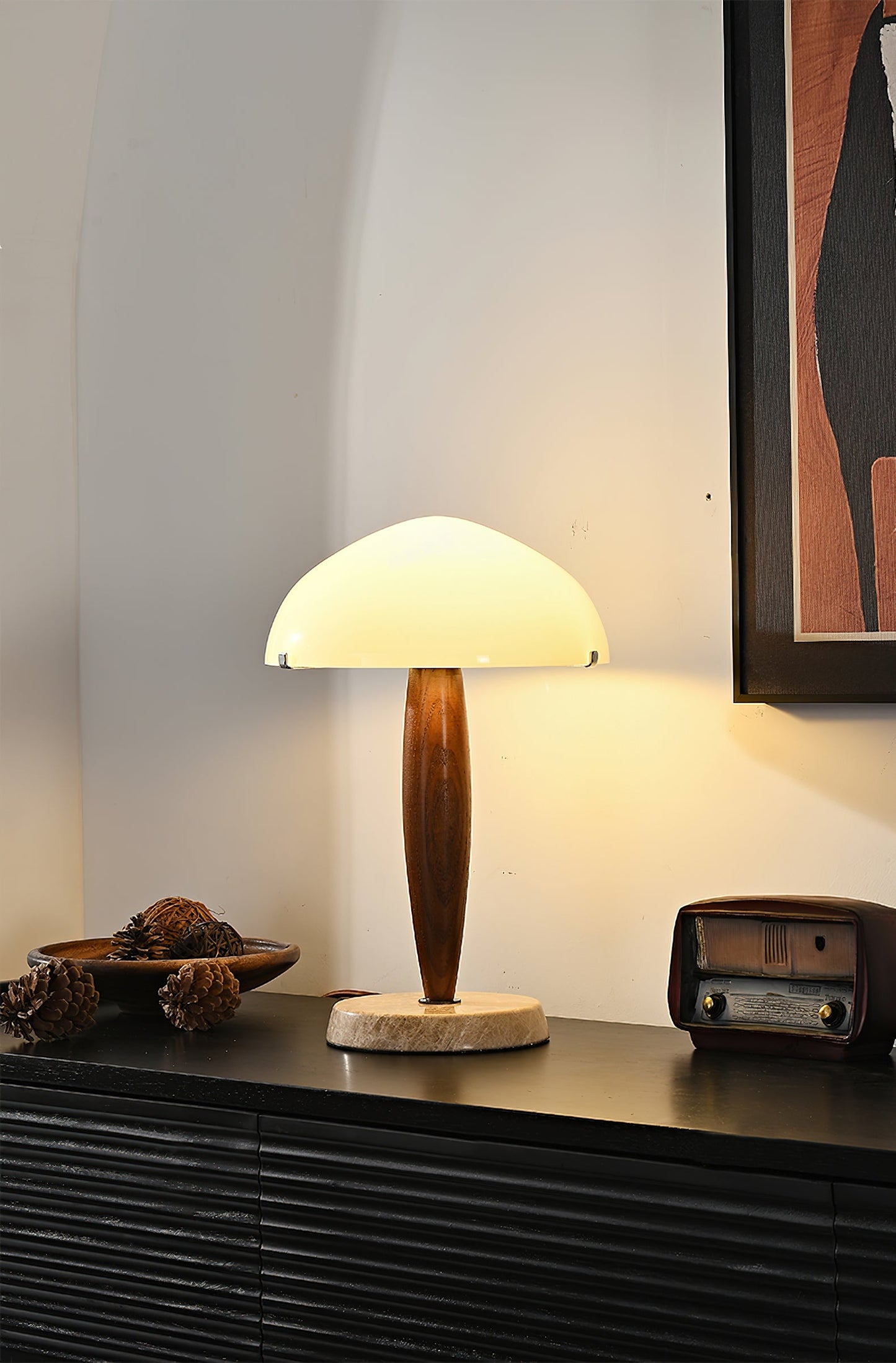 Herman Table Lamp - Modern Walnut Wood & Marble Desk Light with Glass Shade