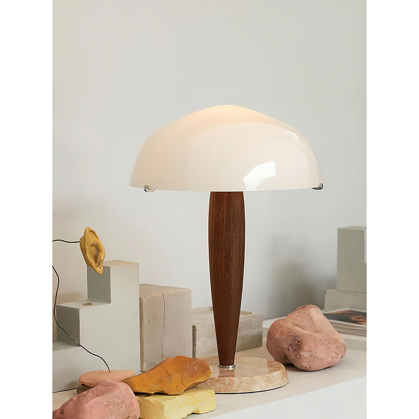 Herman Table Lamp - Modern Walnut Wood & Marble Desk Light with Glass Shade