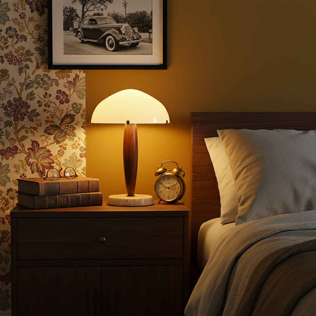 Herman Table Lamp - Modern Walnut Wood & Marble Desk Light with Glass Shade