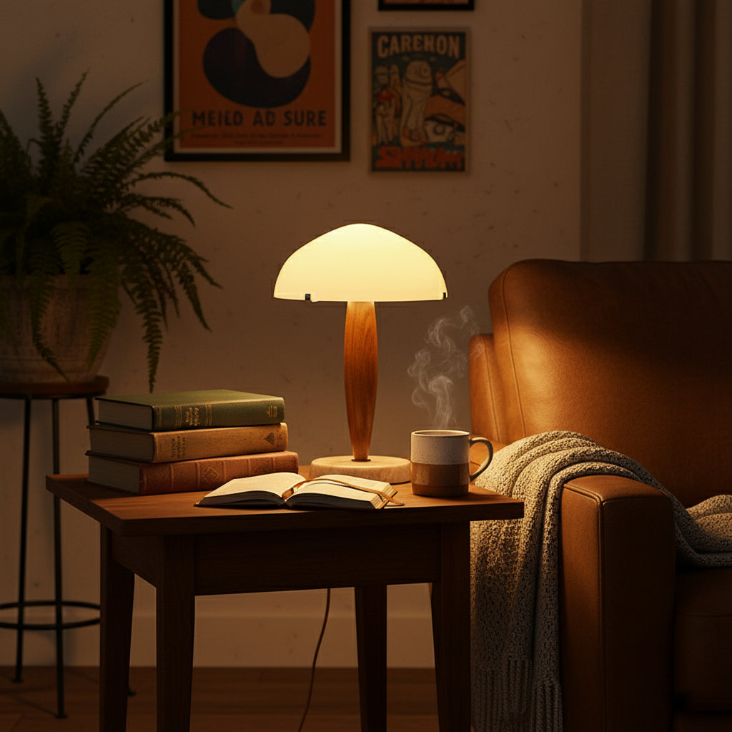 Herman Table Lamp - Modern Walnut Wood & Marble Desk Light with Glass Shade