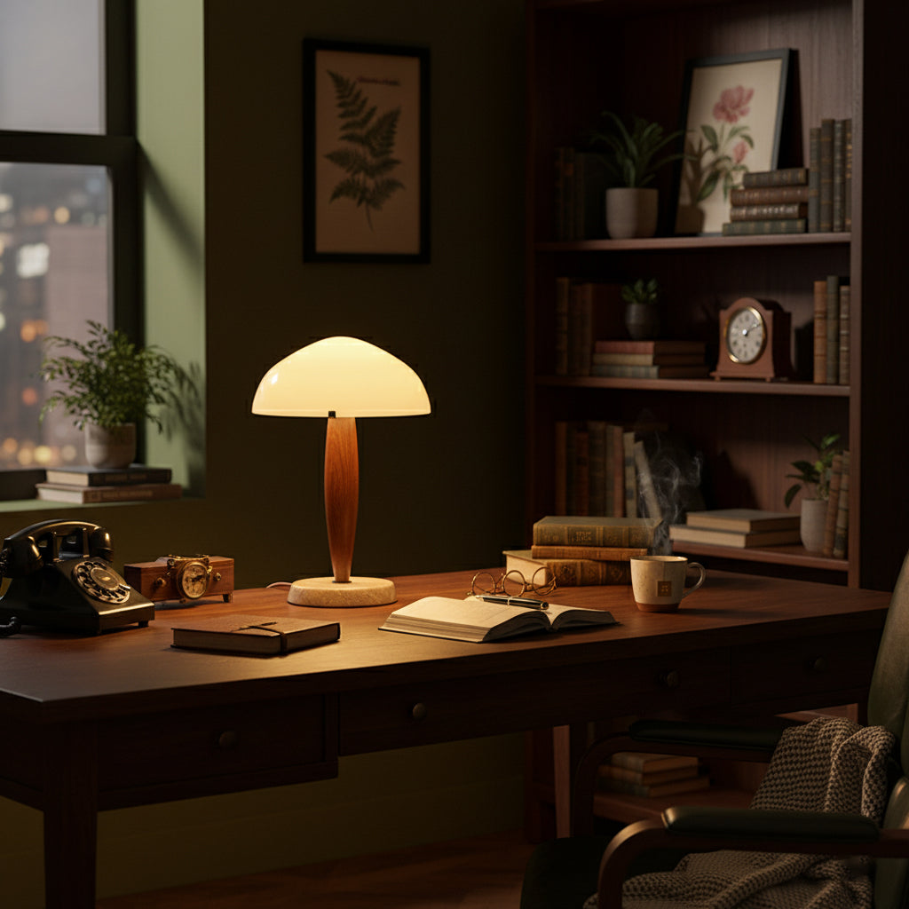 Herman Table Lamp - Modern Walnut Wood & Marble Desk Light with Glass Shade