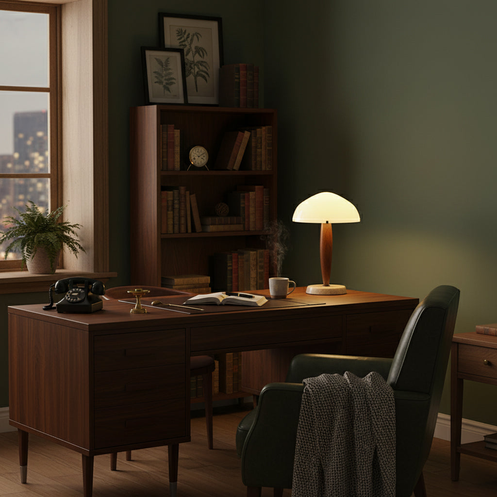 Herman Table Lamp - Modern Walnut Wood & Marble Desk Light with Glass Shade