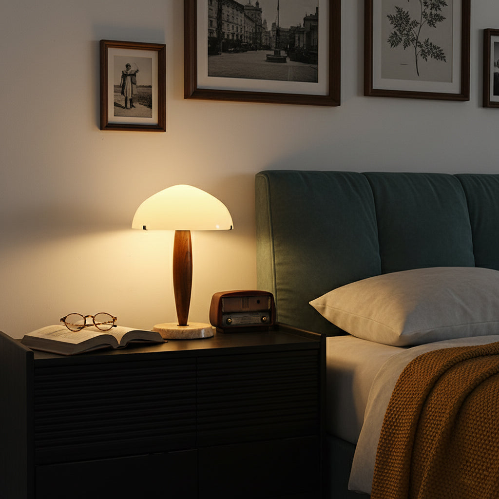 Herman Table Lamp - Modern Walnut Wood & Marble Desk Light with Glass Shade