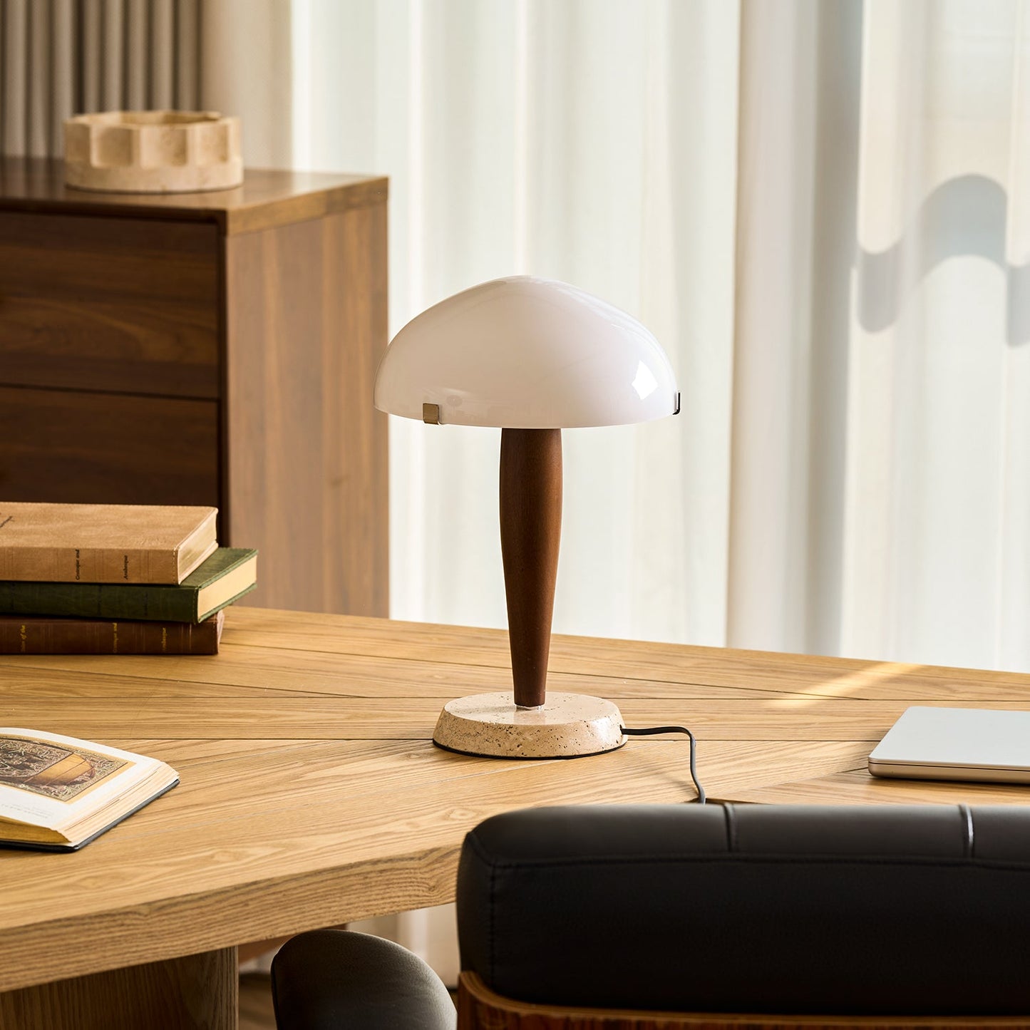 Herman Table Lamp - Modern Walnut Wood & Marble Desk Light with Glass Shade