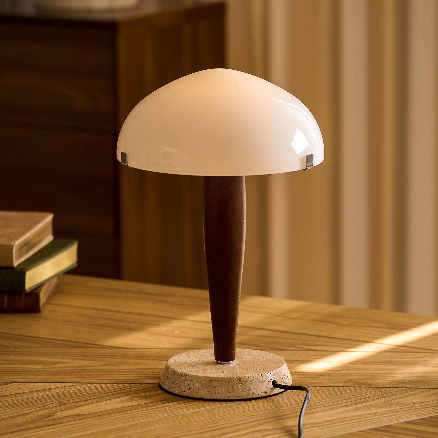 Herman Table Lamp - Modern Walnut Wood & Marble Desk Light with Glass Shade