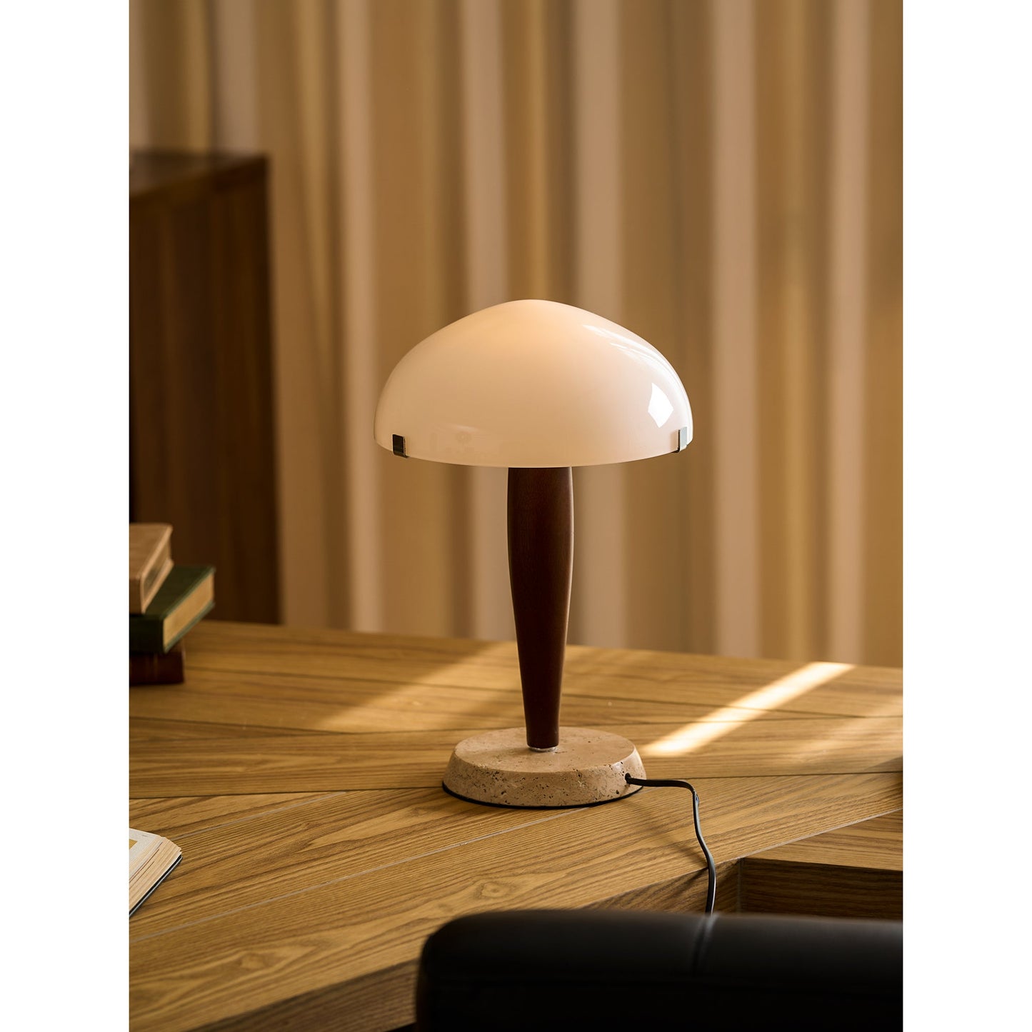 Herman Table Lamp - Modern Walnut Wood & Marble Desk Light with Glass Shade