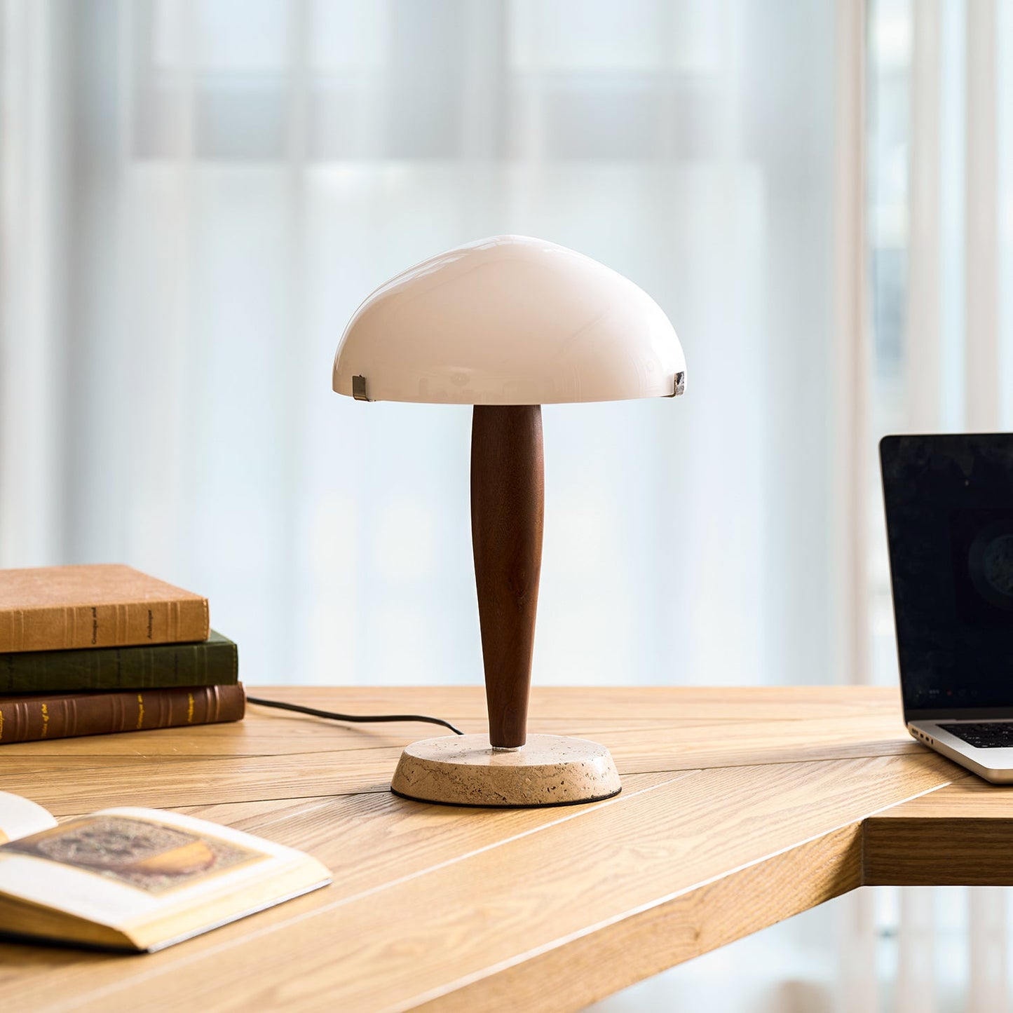 Herman Table Lamp - Modern Walnut Wood & Marble Desk Light with Glass Shade