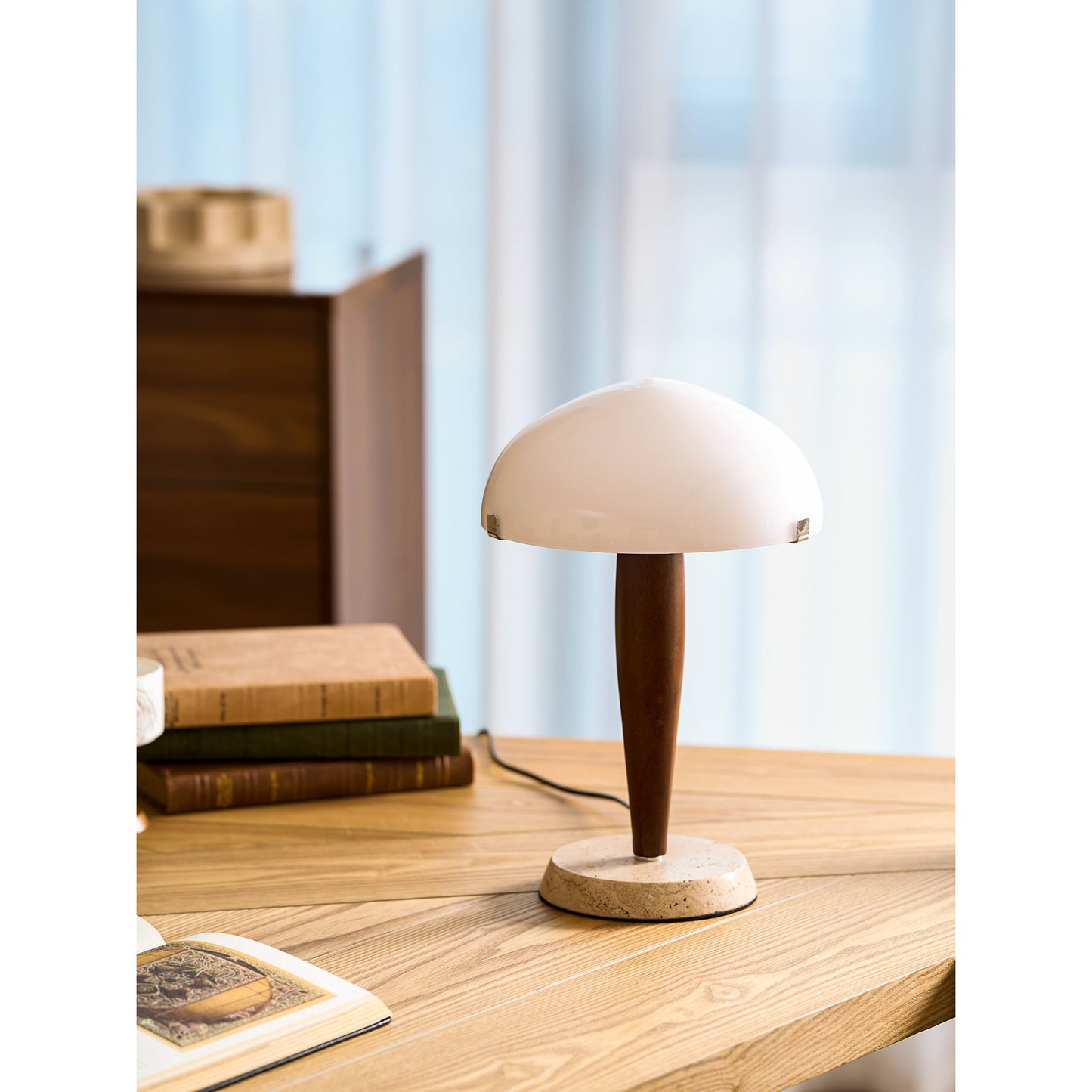 Herman Table Lamp - Modern Walnut Wood & Marble Desk Light with Glass Shade